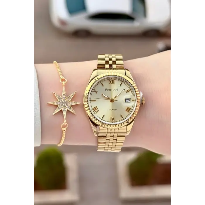 Ferrucci FCISTE396 Gold Renk Takvimli 35 Mm Kadın Kol Saati ve Bileklik
