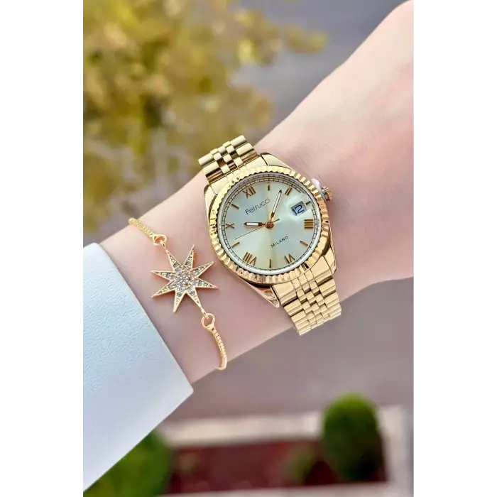 Ferrucci FCISTE396 Gold Renk Takvimli 35 Mm Kadın Kol Saati ve Bileklik
