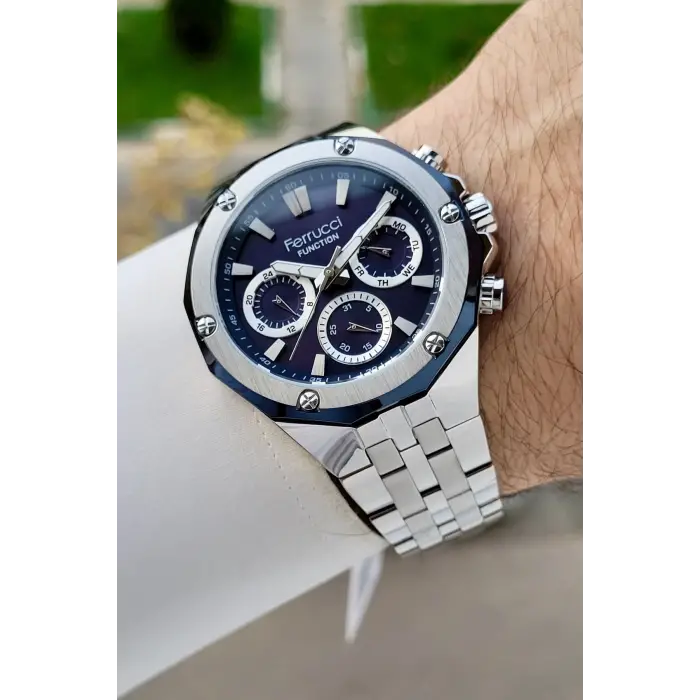 Ferrucci FCISTE351 Kadranı Lacivert Kordonu Gümüş Renk İç Göstergeleri Aktif 45 Mm Erkek Kol Saati