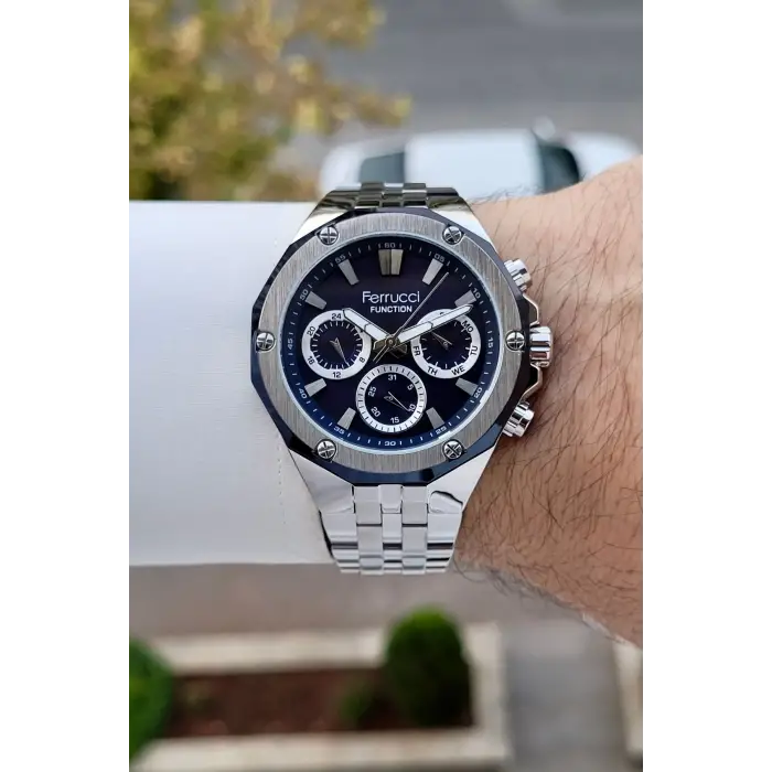 Ferrucci FCISTE351 Kadranı Lacivert Kordonu Gümüş Renk İç Göstergeleri Aktif 45 Mm Erkek Kol Saati