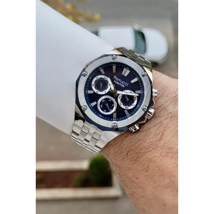 Ferrucci FCISTE351 Kadranı Lacivert Kordonu Gümüş Renk İç Göstergeleri Aktif 45 Mm Erkek Kol Saati