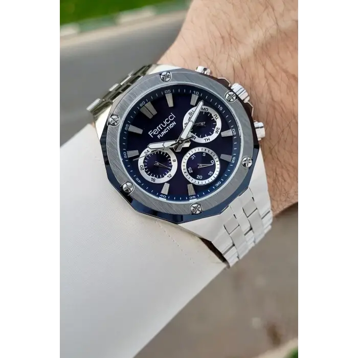 Ferrucci FCISTE351 Kadranı Lacivert Kordonu Gümüş Renk İç Göstergeleri Aktif 45 Mm Erkek Kol Saati