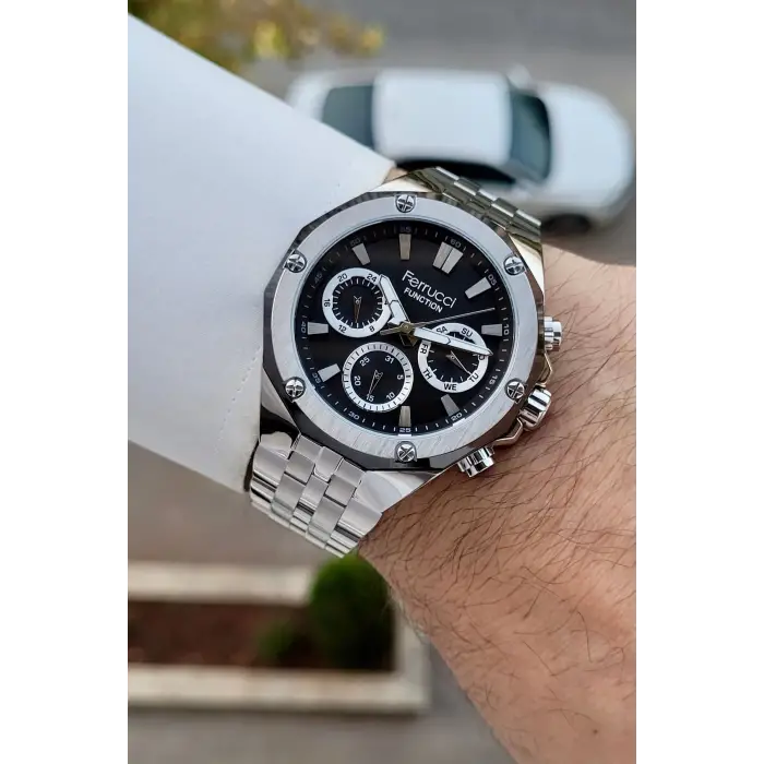 Ferrucci FCISTE352 Kadranı Siyah Kordonu Gümüş Renk İç Göstergeleri Aktif 45 Mm Erkek Kol Saati