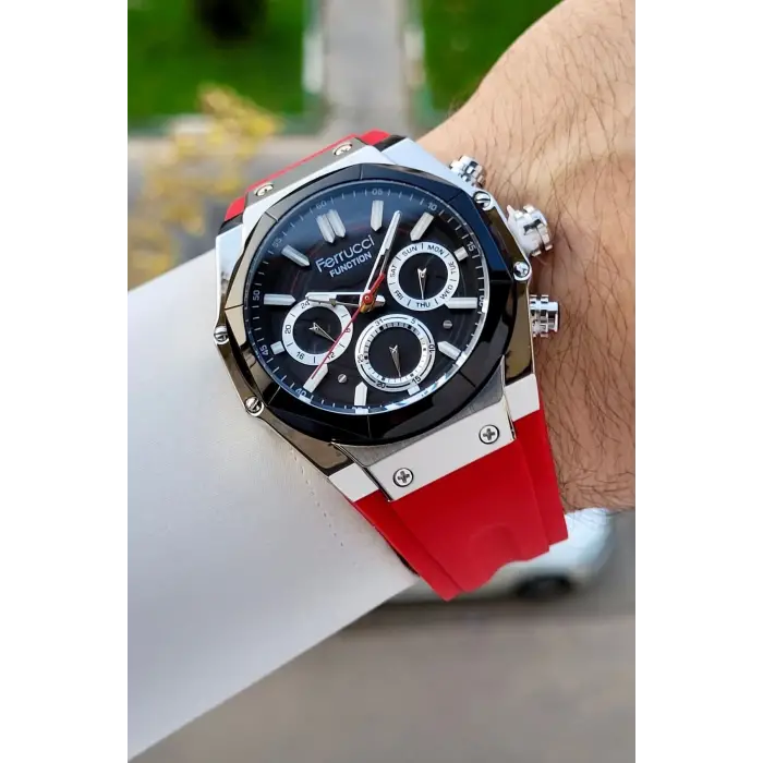 Ferrucci FCISTE362 41 Mm Kasası Gümüş Kordonu Kırmızı Renk İç Göstergeleri Aktif Erkek Kol Saati