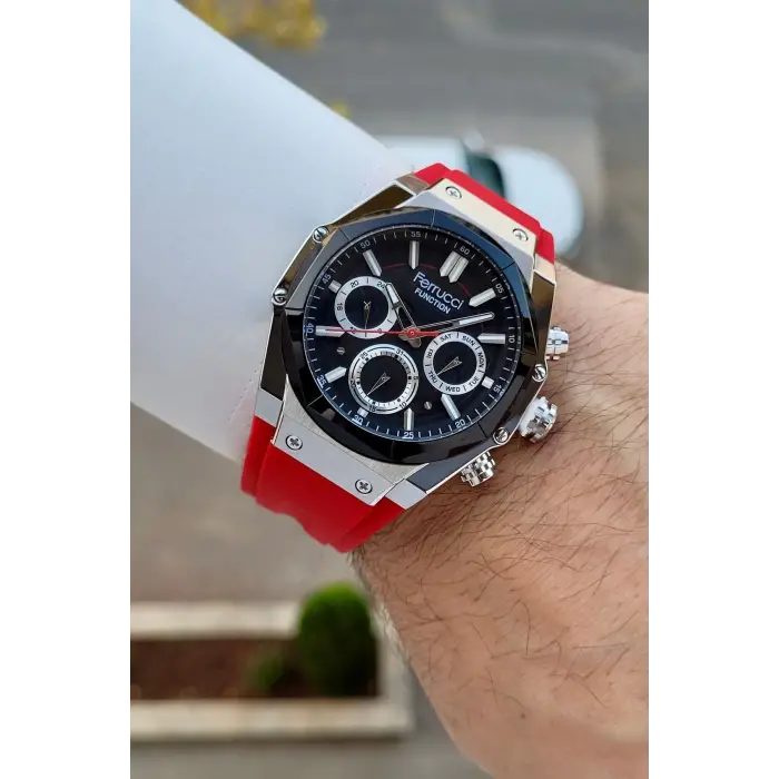 Ferrucci FCISTE362 41 Mm Kasası Gümüş Kordonu Kırmızı Renk İç Göstergeleri Aktif Erkek Kol Saati