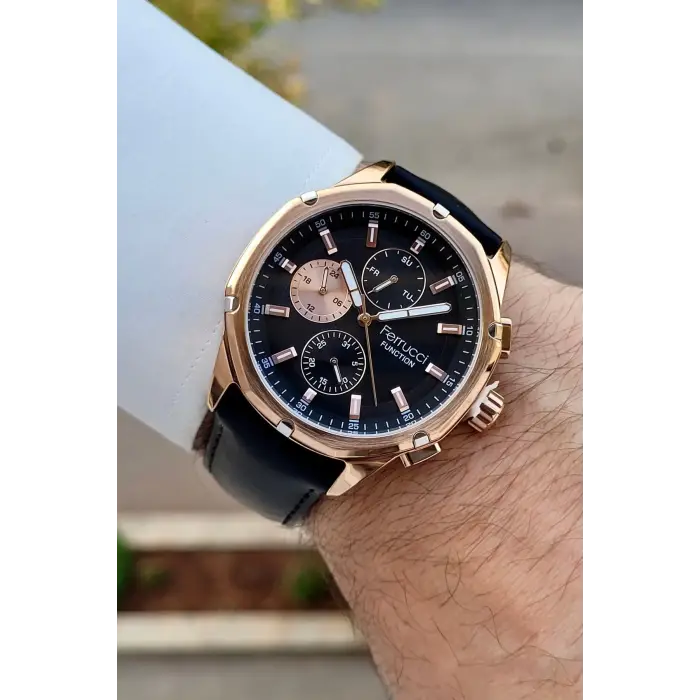 Ferrucci FCISTE403 Kasası Rose Kordonu Siyah Renk 44 Mm İç Göstergeleri Aktif Erkek Kol Saati