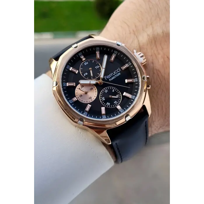 Ferrucci FCISTE403 Kasası Rose Kordonu Siyah Renk 44 Mm İç Göstergeleri Aktif Erkek Kol Saati