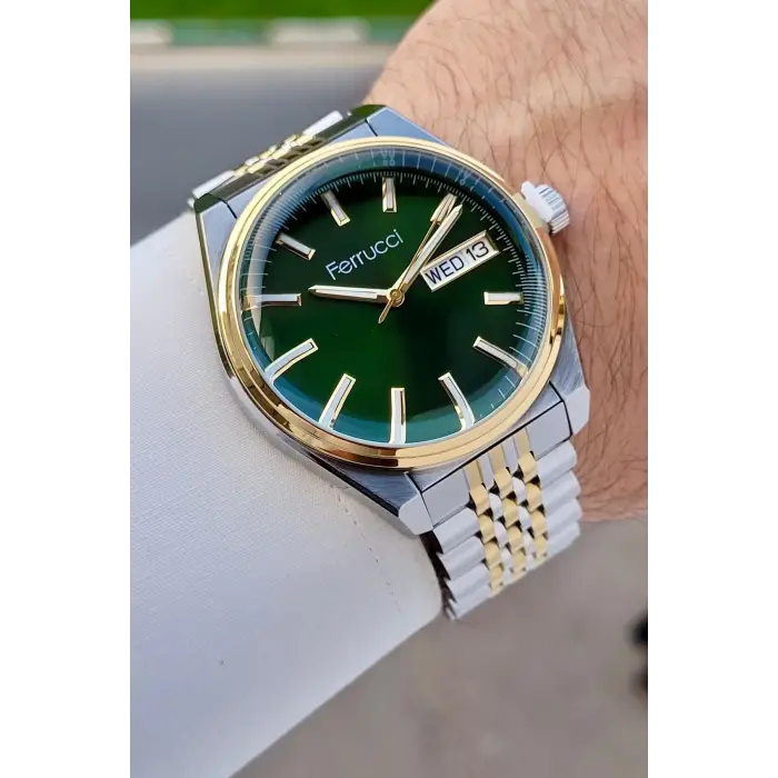 Kadranı Yeşil Kordonu Gold Gümüş Renk 40 Mm Erkek Kol Saati