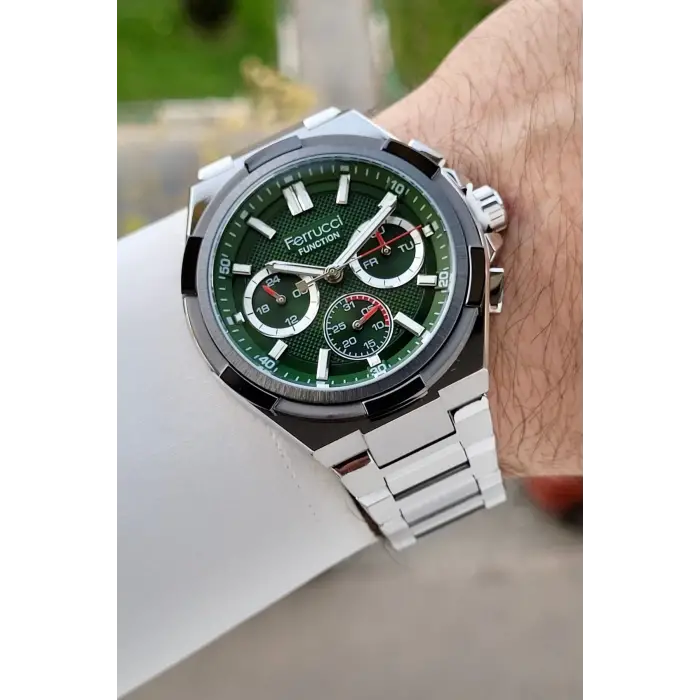 Ferrucci FCISTE409 43 Mm Kadranı Yeşil Kordonu Gümüş Renk İç Göstergeleri Aktif Erkek Kol Saati