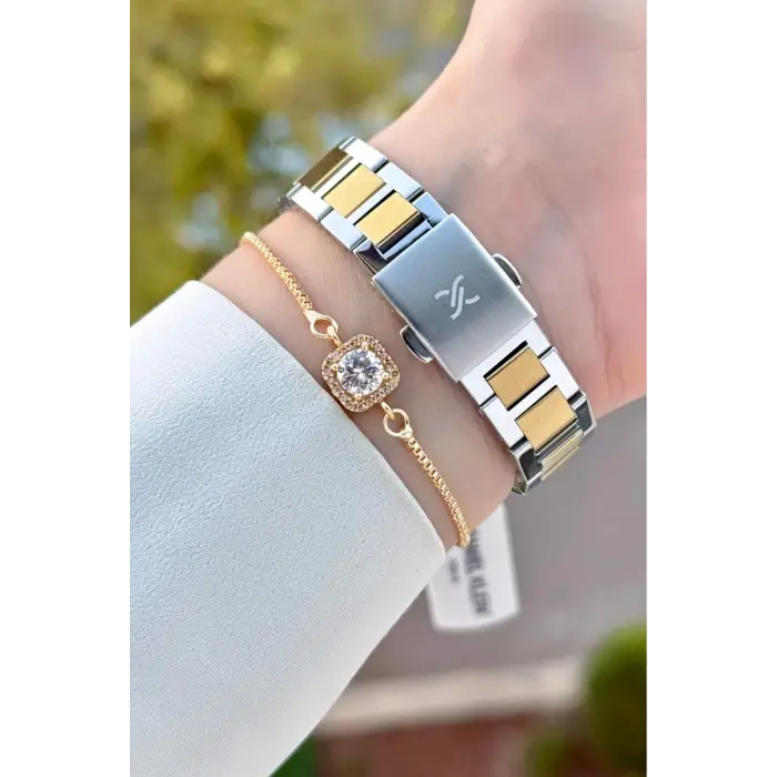 Gold Gümüş Renk 33 Mm Kadın Kol Saati ve Bileklik