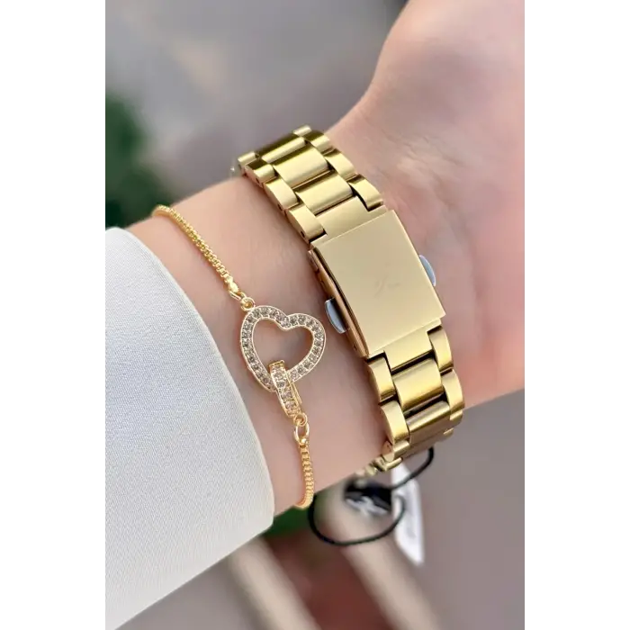 Gold Renk 34 Mm Kadın Kol Saati ve Bileklik