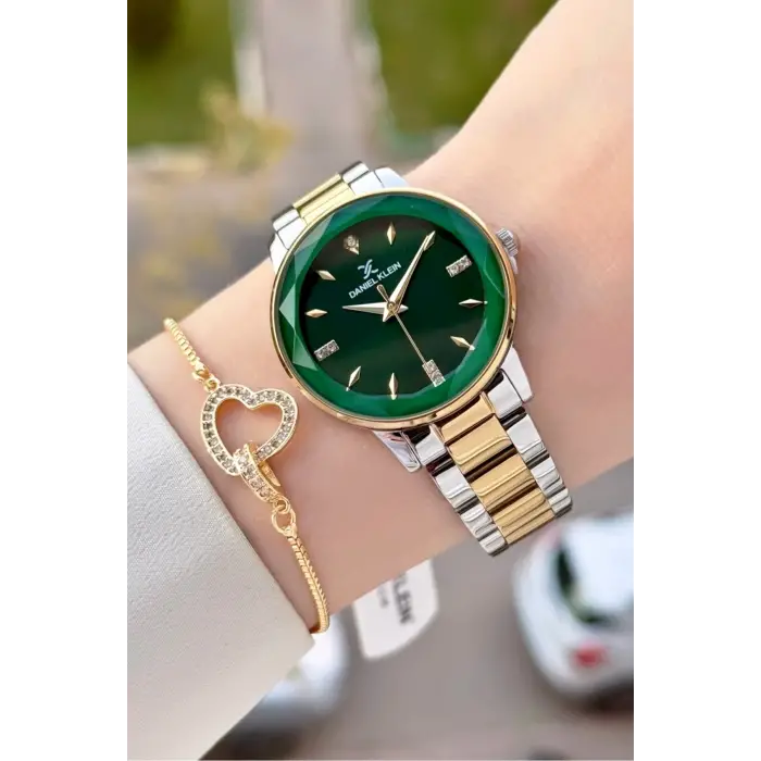 Kadranı Yeşil Kordonu Gold Gümüş Renk 34 Mm Kadın Kol Saati ve Bileklik