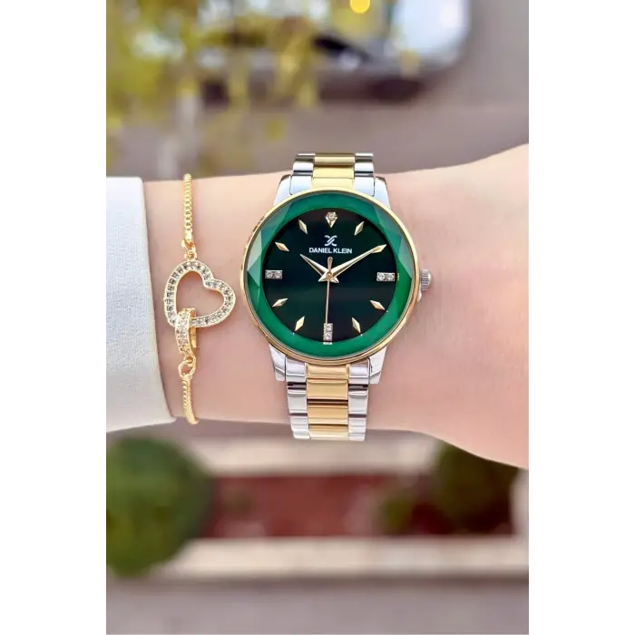 Kadranı Yeşil Kordonu Gold Gümüş Renk 34 Mm Kadın Kol Saati ve Bileklik