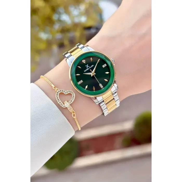 Kadranı Yeşil Kordonu Gold Gümüş Renk 34 Mm Kadın Kol Saati ve Bileklik