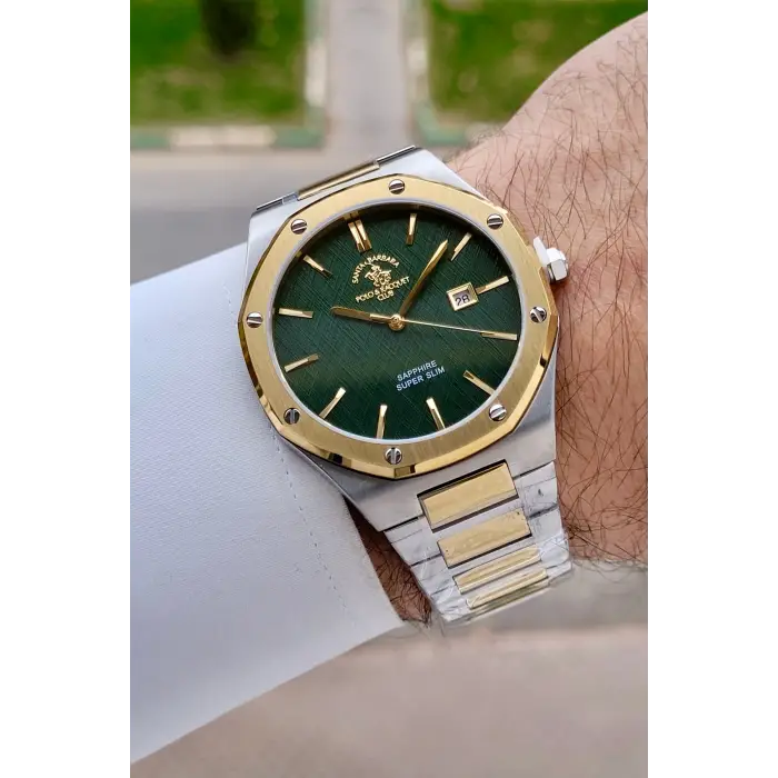 Santa Barbara Polo & Racquet Club Kadranı Yeşil Kordonu Gold Gümüş Renk 41 mm Renk Atmaz Oksitlenmez Çelik Erkek Kol Saati