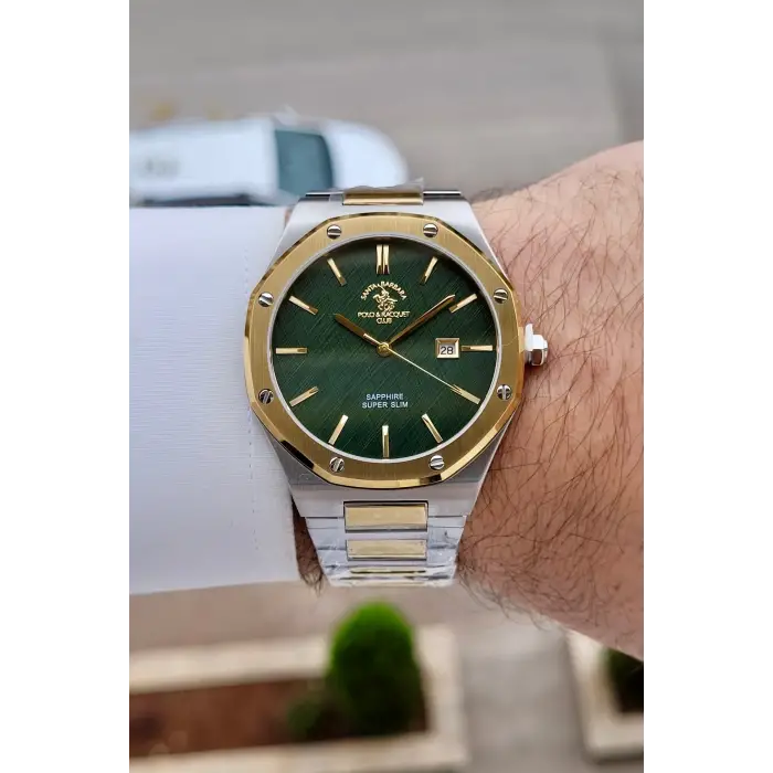 Santa Barbara Polo & Racquet Club Kadranı Yeşil Kordonu Gold Gümüş Renk 41 mm Renk Atmaz Oksitlenmez Çelik Erkek Kol Saati