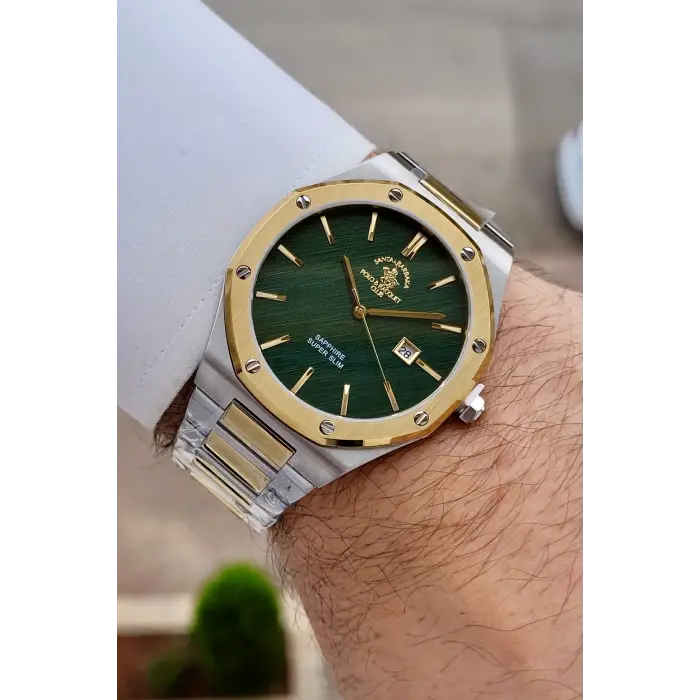 Santa Barbara Polo & Racquet Club Kadranı Yeşil Kordonu Gold Gümüş Renk 41 mm Renk Atmaz Oksitlenmez Çelik Erkek Kol Saati