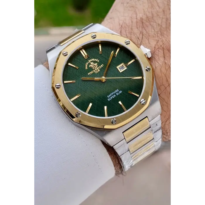 Santa Barbara Polo & Racquet Club Kadranı Yeşil Kordonu Gold Gümüş Renk 41 mm Renk Atmaz Oksitlenmez Çelik Erkek Kol Saati
