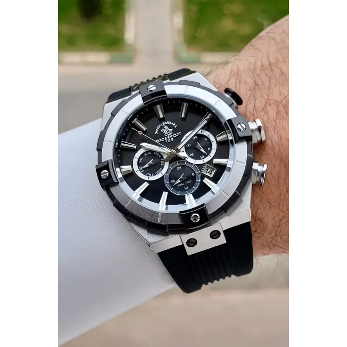 Santa Barbara Polo & Racquet Club Kasası Gümüş Kordonu Siyah Renk 45 mm Renk Atmaz Çelik Kasa Erkek Kol Saati
