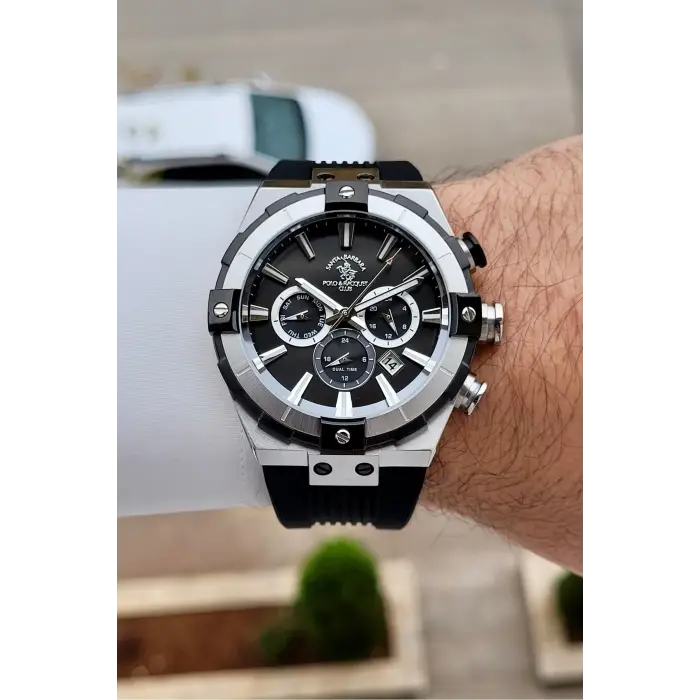 Santa Barbara Polo & Racquet Club Kasası Gümüş Kordonu Siyah Renk 45 mm Renk Atmaz Çelik Kasa Erkek Kol Saati