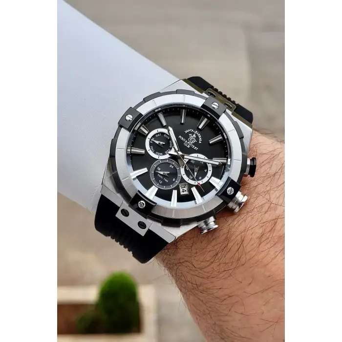 Santa Barbara Polo & Racquet Club Kasası Gümüş Kordonu Siyah Renk 45 mm Renk Atmaz Çelik Kasa Erkek Kol Saati