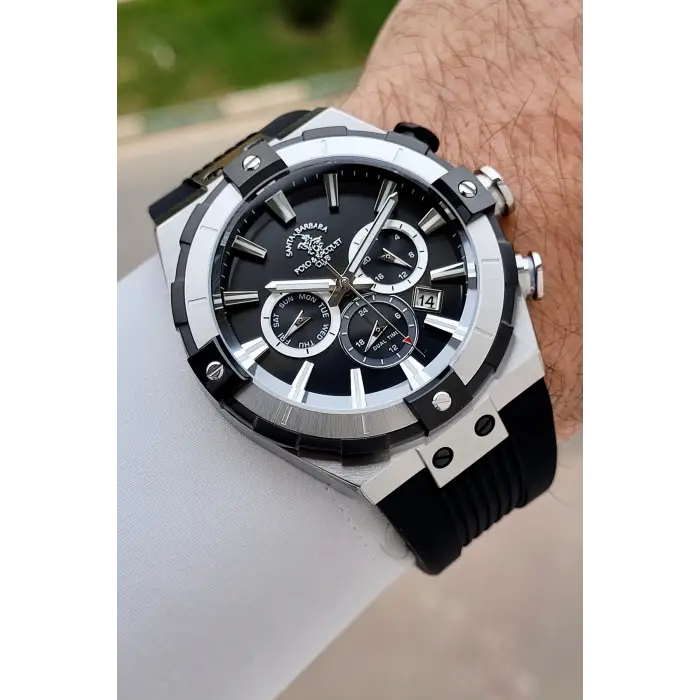 Santa Barbara Polo & Racquet Club Kasası Gümüş Kordonu Siyah Renk 45 mm Renk Atmaz Çelik Kasa Erkek Kol Saati