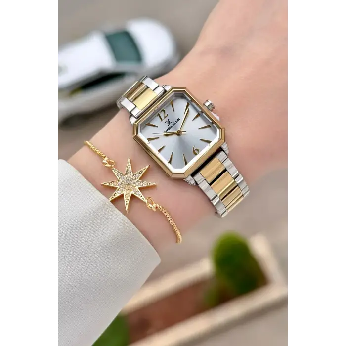 Gold Gümüş Renk 26 mm Kadın Kol Saati ve Bileklik