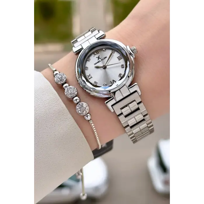 Gümüş Renk 30 Mm Kristal Cam Kadın Kol Saati ve Hediye Bileklik