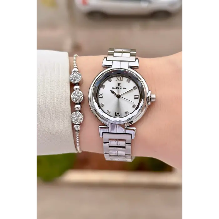 Gümüş Renk 30 Mm Kristal Cam Kadın Kol Saati ve Hediye Bileklik