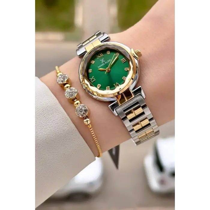 Kadranı Yeşil Kordonu Gold Gümüş Renk 30 Mm Kadın Kol Saati ve Bileklik