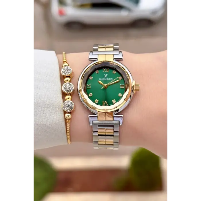 Kadranı Yeşil Kordonu Gold Gümüş Renk 30 Mm Kadın Kol Saati ve Bileklik