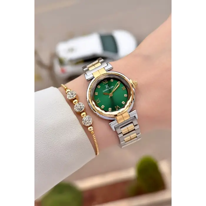 Kadranı Yeşil Kordonu Gold Gümüş Renk 30 Mm Kadın Kol Saati ve Bileklik