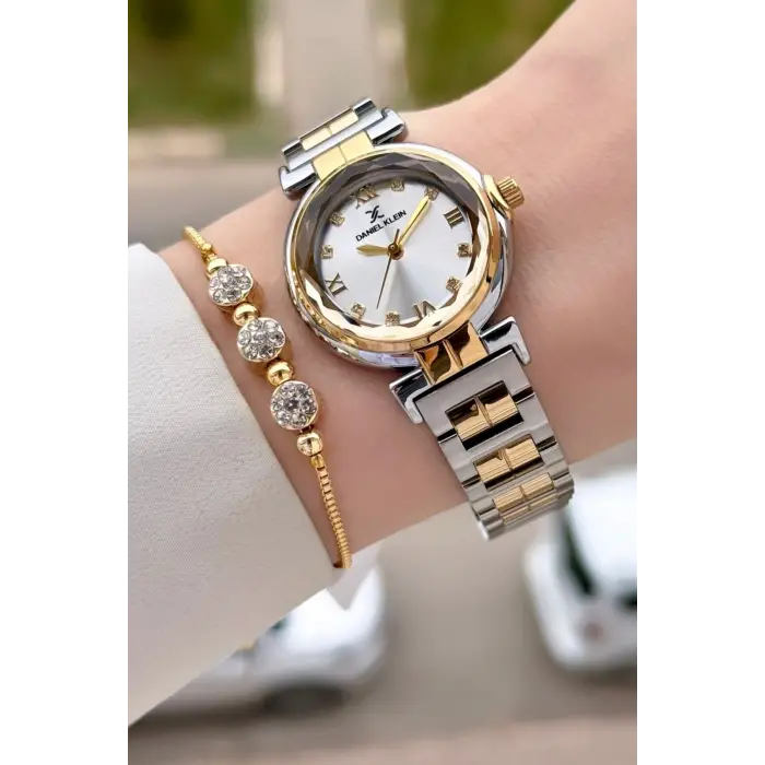 Gold Gümüş Renk 30 Mm Kristal Cam Kadın Kol Saati ve Hediye Bileklik