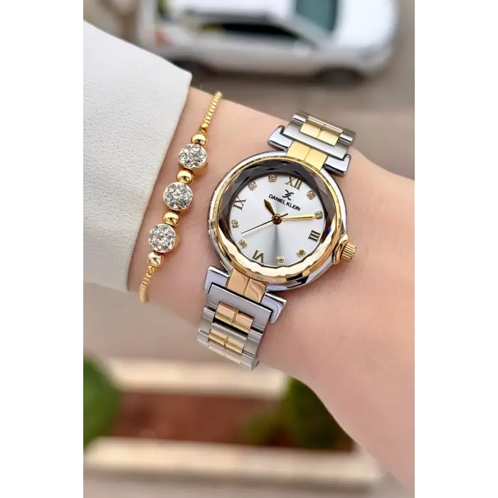 Gold Gümüş Renk 30 Mm Kristal Cam Kadın Kol Saati ve Hediye Bileklik