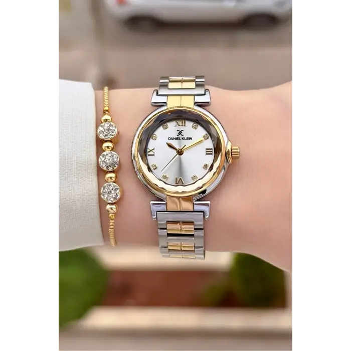 Gold Gümüş Renk 30 Mm Kristal Cam Kadın Kol Saati ve Hediye Bileklik