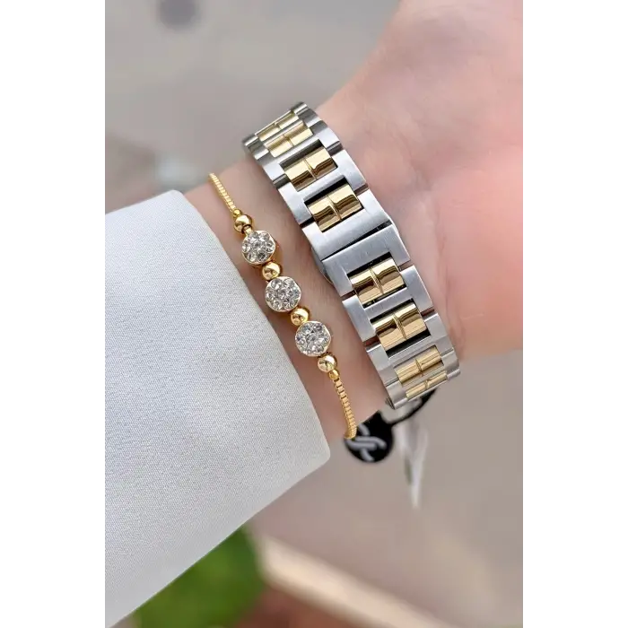 Gold Gümüş Renk 30 Mm Kristal Cam Kadın Kol Saati ve Hediye Bileklik