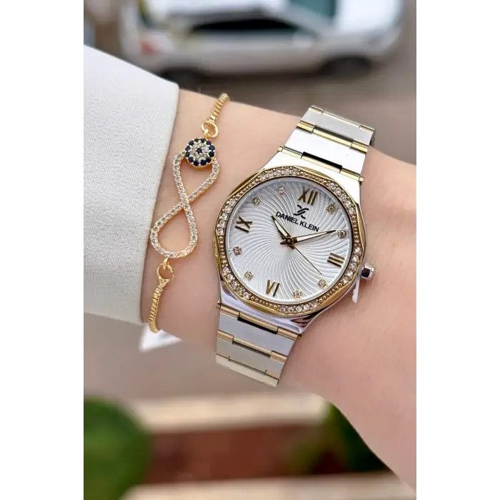 Gold Gümüş Renk 30 Mm Kadın Kol Saati ve Hediye Bileklik