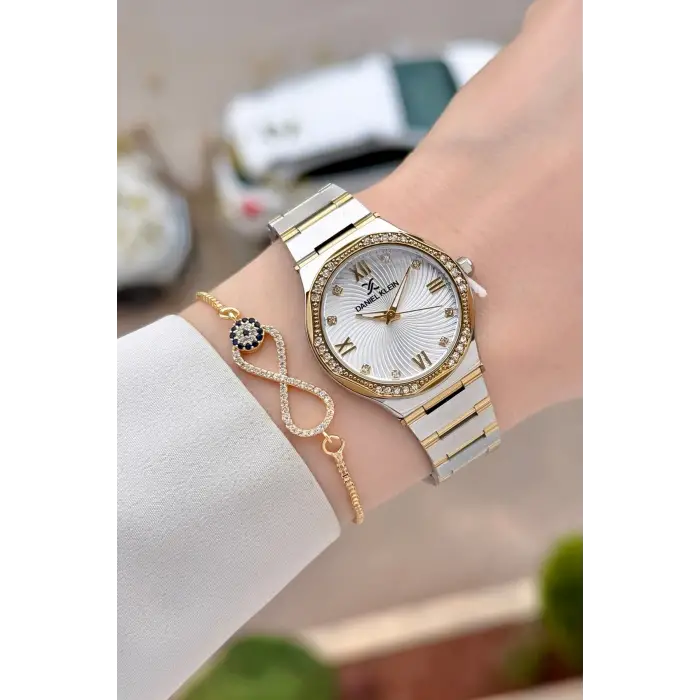 Gold Gümüş Renk 30 Mm Kadın Kol Saati ve Hediye Bileklik
