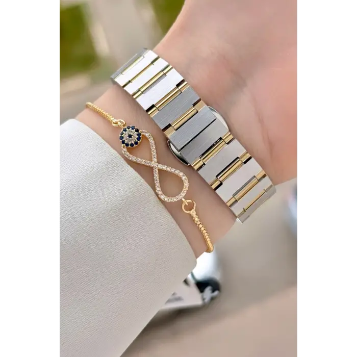 Gold Gümüş Renk 30 Mm Kadın Kol Saati ve Hediye Bileklik