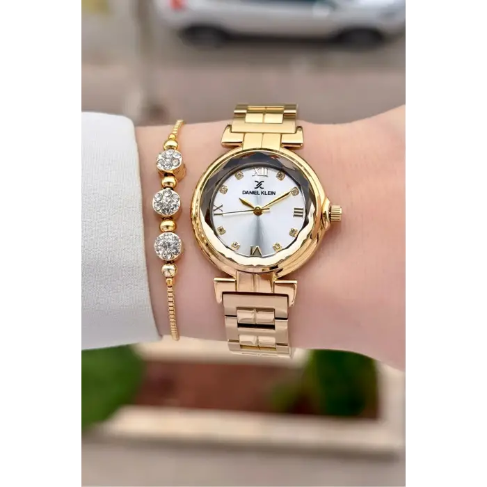 Gold Renk 30 Mm Kristal Cam Kadın Kol Saati ve Hediye Bileklik