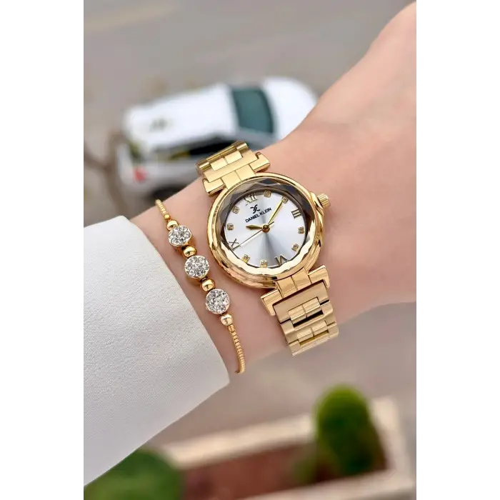 Gold Renk 30 Mm Kristal Cam Kadın Kol Saati ve Hediye Bileklik