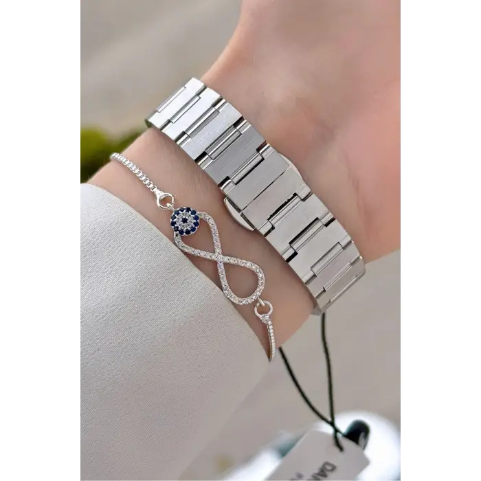 Gümüş Renk 30 Mm Kadın Kol Saati ve Hediye Bileklik