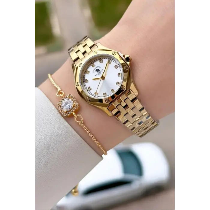 Santa Barbara Polo & Racquet Club Gold Renk 27,5 Mm Tam Çelik 5 ATM Su Geçirmez Kadın Kol Saati ve Bileklik