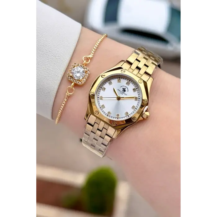 Santa Barbara Polo & Racquet Club Gold Renk 27,5 Mm Tam Çelik 5 ATM Su Geçirmez Kadın Kol Saati ve Bileklik