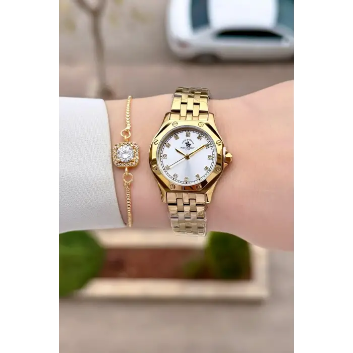 Santa Barbara Polo & Racquet Club Gold Renk 27,5 Mm Tam Çelik 5 ATM Su Geçirmez Kadın Kol Saati ve Bileklik