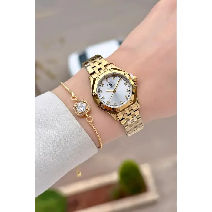 Santa Barbara Polo & Racquet Club Gold Renk 27,5 Mm Tam Çelik 5 ATM Su Geçirmez Kadın Kol Saati ve Bileklik
