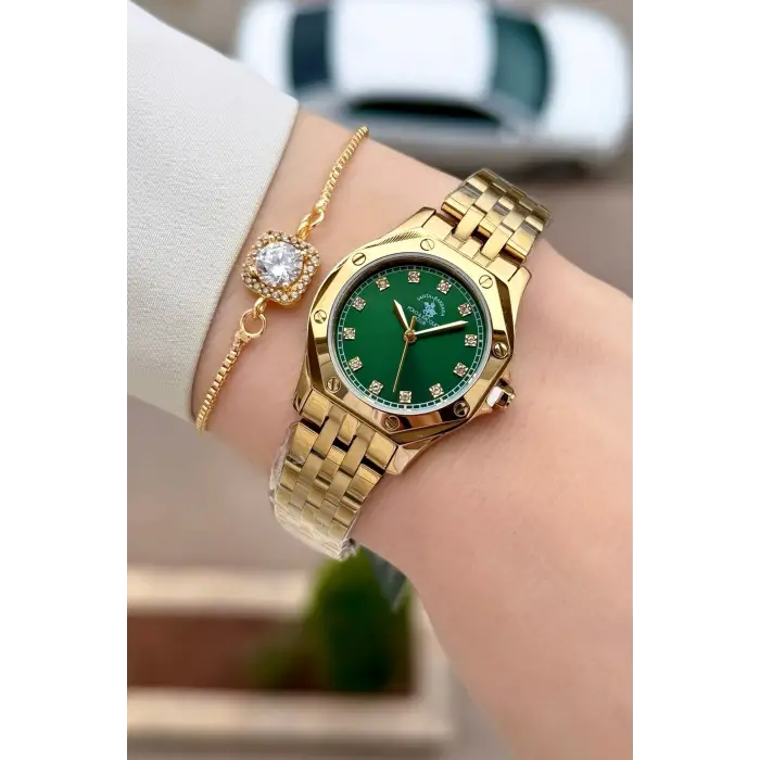 Santa Barbara Polo & Racquet Club Kadranı Yeşil Korodnu Gold Renk 27,5 Mm Tam Çelik 5 ATM Su Geçirmez Kadın Kol Saati ve Bileklik