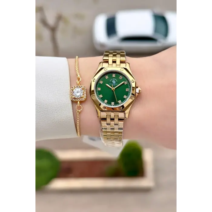 Santa Barbara Polo & Racquet Club Kadranı Yeşil Korodnu Gold Renk 27,5 Mm Tam Çelik 5 ATM Su Geçirmez Kadın Kol Saati ve Bileklik