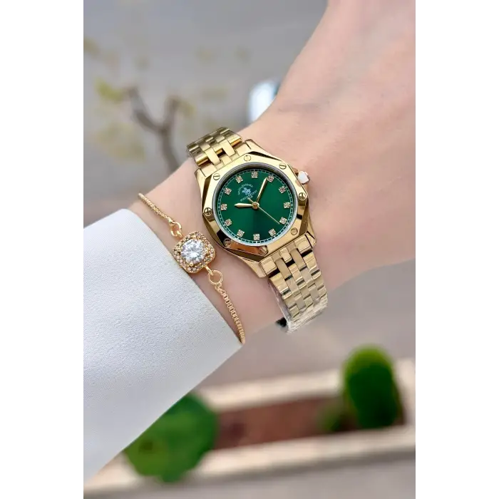 Santa Barbara Polo & Racquet Club Kadranı Yeşil Korodnu Gold Renk 27,5 Mm Tam Çelik 5 ATM Su Geçirmez Kadın Kol Saati ve Bileklik