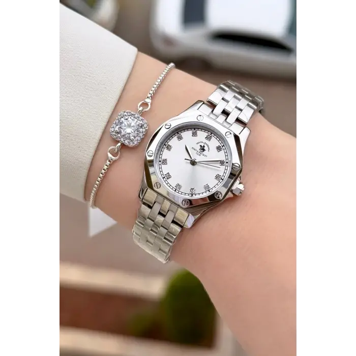Santa Barbara Polo & Racquet Club Gümüş Renk 27,5 Mm Tam Çelik 5 ATM Su Geçirmez Kadın Kol Saati ve Bileklik